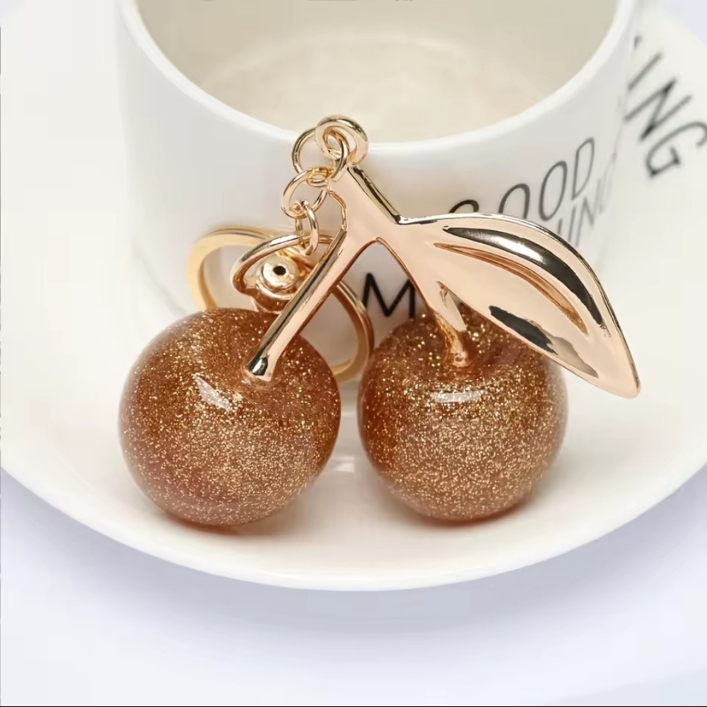 Brownish Gold Cherry Bag Charm / Keychain - Picture 1 of 2